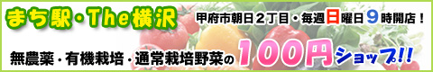 まち駅・The横沢 甲府市朝日2丁目・毎週日曜日9時開店! 無農薬・有機栽培・通常栽培野菜の100円ショップ!! まち駅・The横沢 甲府市朝日2丁目・毎週日曜日9時開店! 無農薬・有機栽培・通常栽培野菜の100円ショップ!!